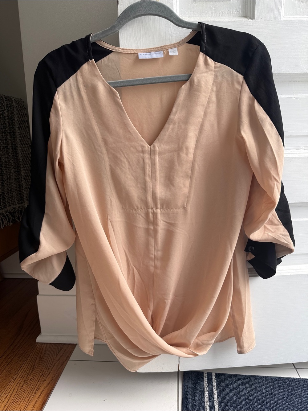 Women's cream Colorblock V-Neck Blouse with Black Sleeves